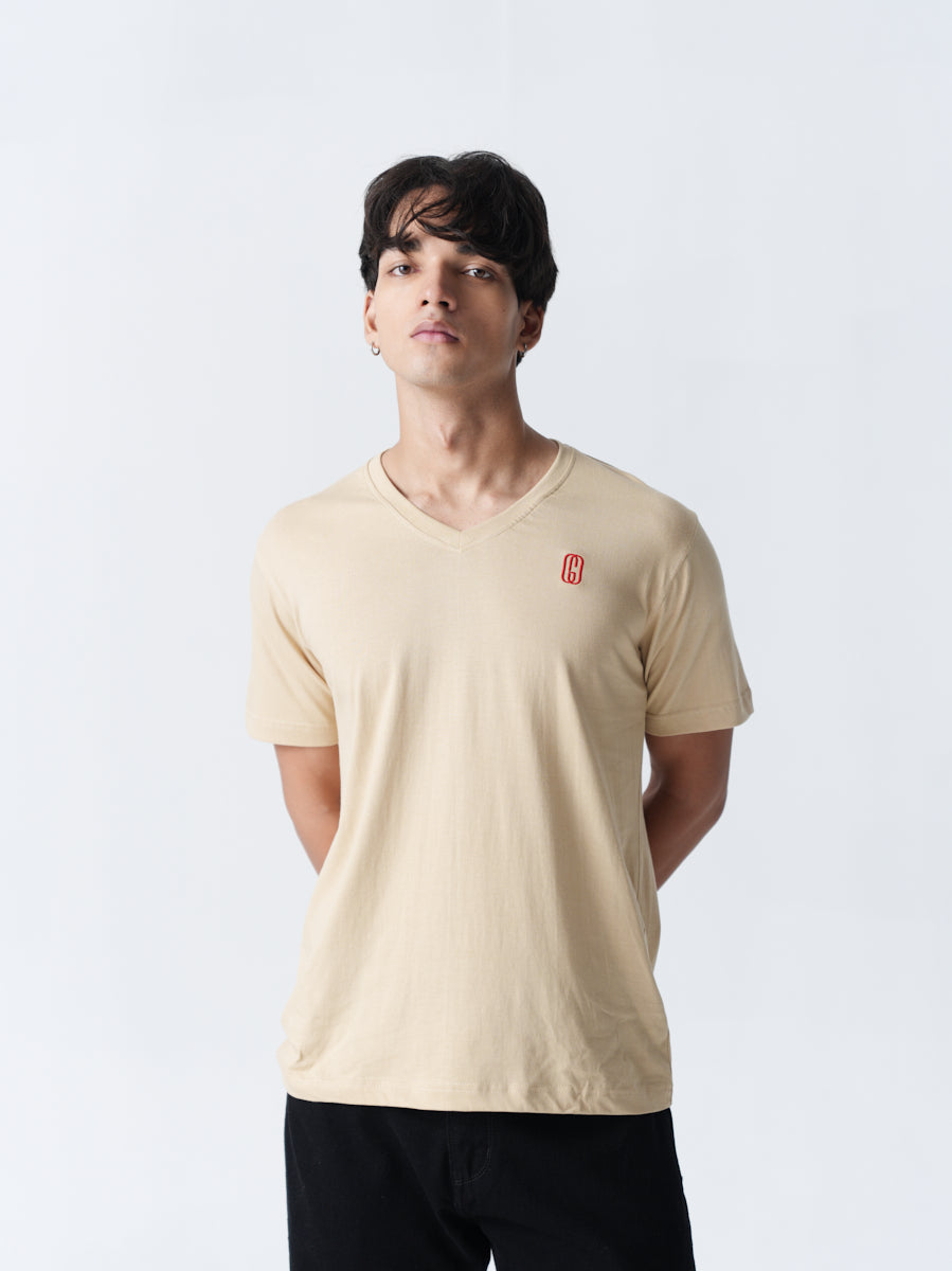 100% Cotton Single Jersey V-Neck T-Shirt - Beige