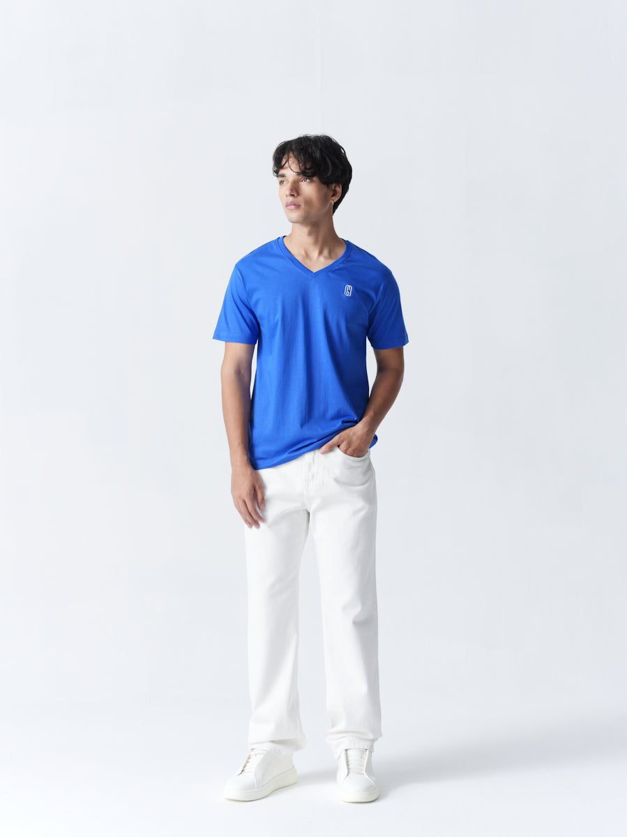 100% Cotton Single Jersey V-Neck T-Shirt - Blue