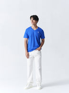 100% Cotton Single Jersey V-Neck T-Shirt - Blue