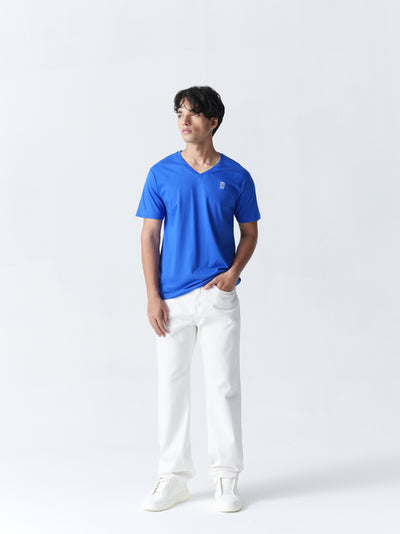 100% Cotton Single Jersey V-Neck T-Shirt - Blue