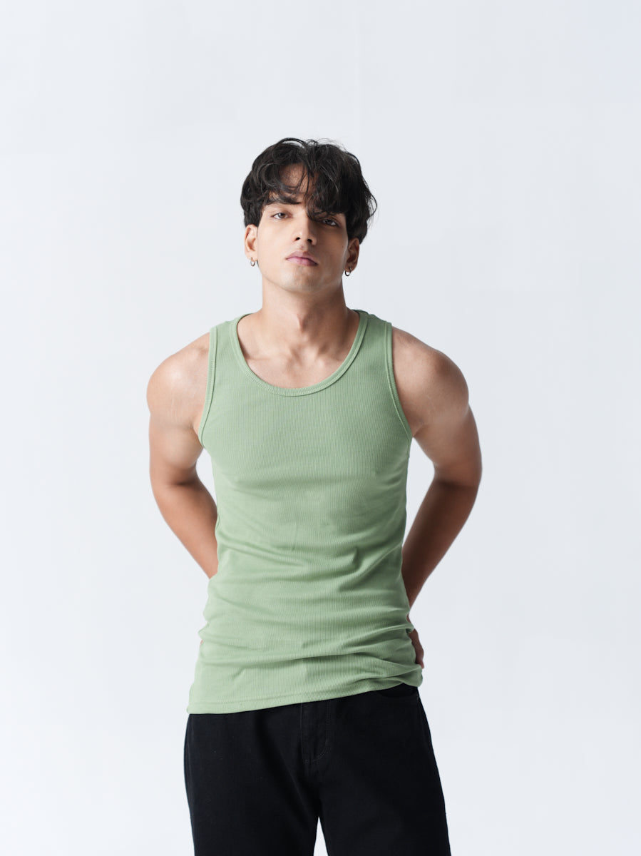 100% Cotton Ribbed Vest - Olive Green