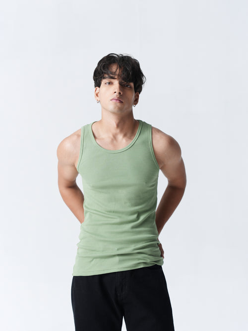 100% Cotton Ribbed Vest - Olive Green