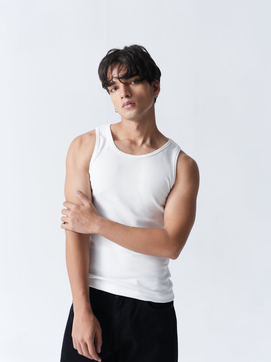 100% Cotton Ribbed Vest - White
