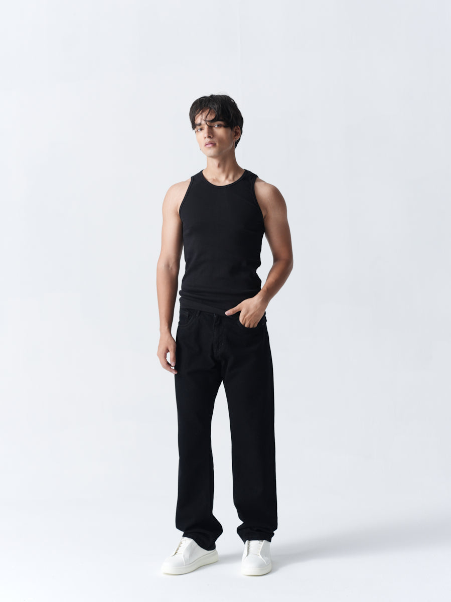 100% Cotton Ribbed Vest - Black