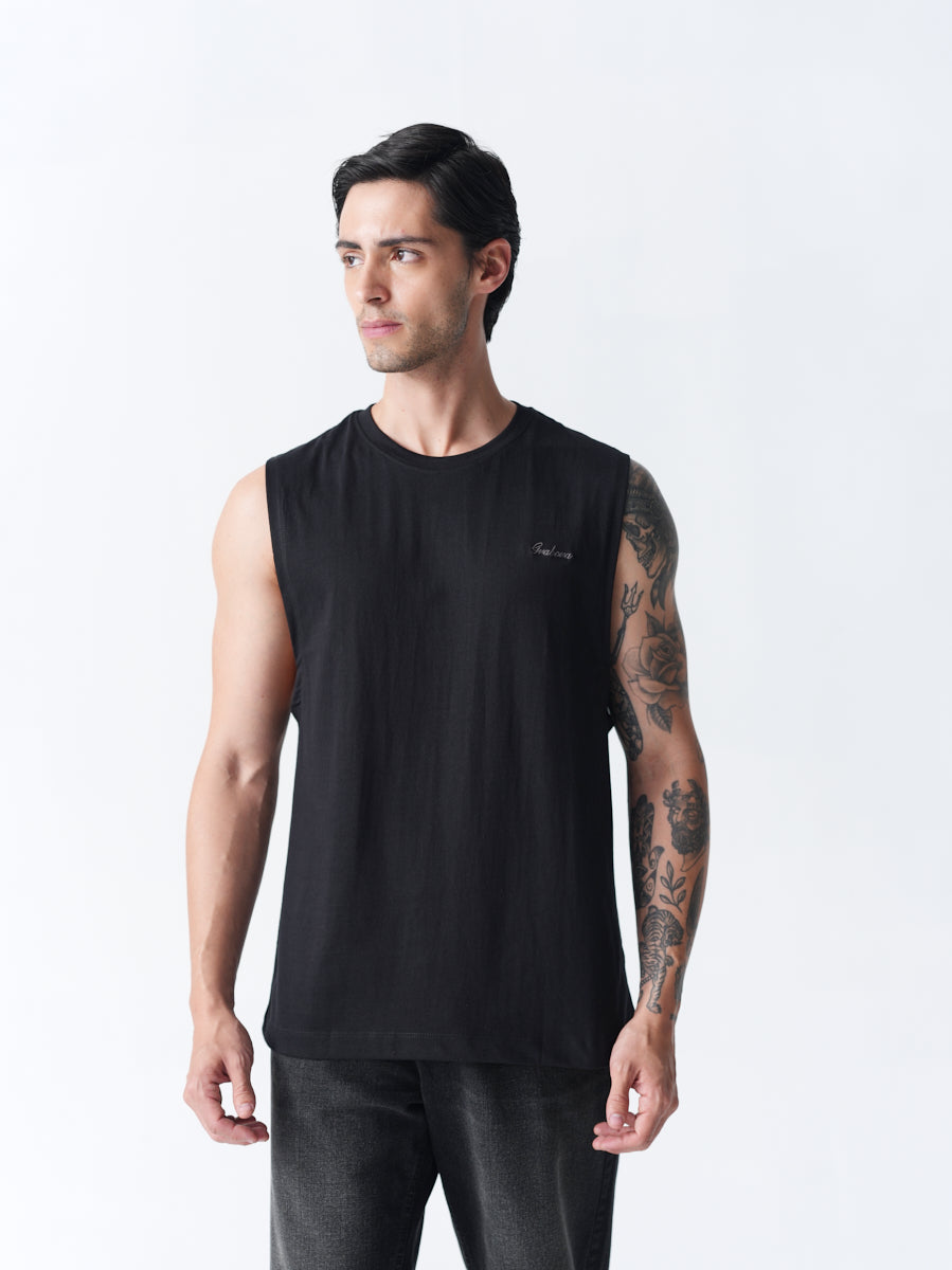 100% Cotton Sleeveless Vest - Black