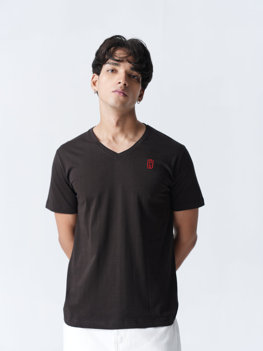 100% Cotton Single Jersey V-Neck T-Shirt - Copper Black