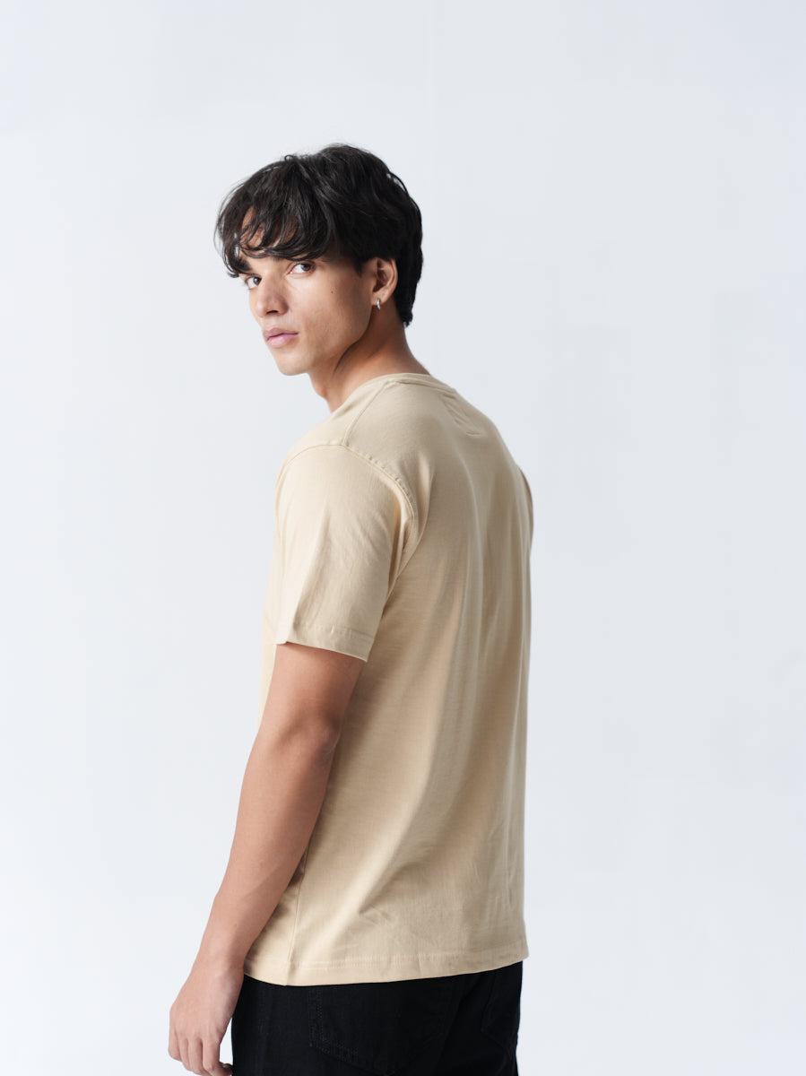 100% Cotton Single Jersey V-Neck T-Shirt - Beige