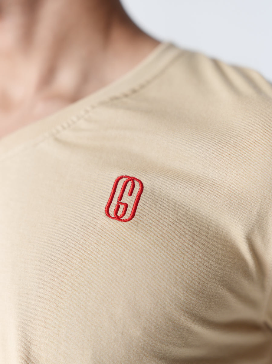 100% Cotton Single Jersey V-Neck T-Shirt - Beige