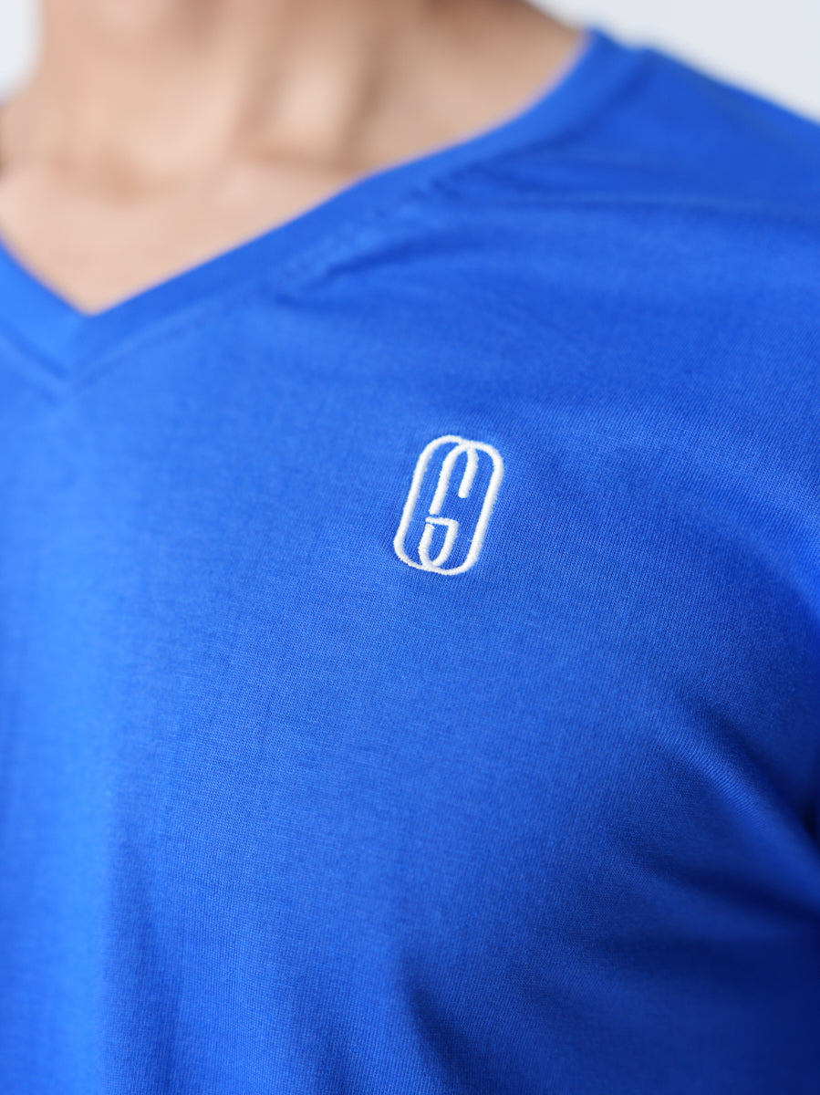 100% Cotton Single Jersey V-Neck T-Shirt - Blue
