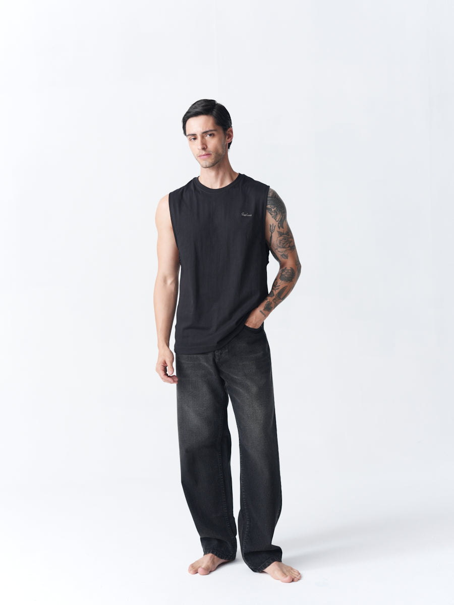 100% Cotton Sleeveless Vest - Black