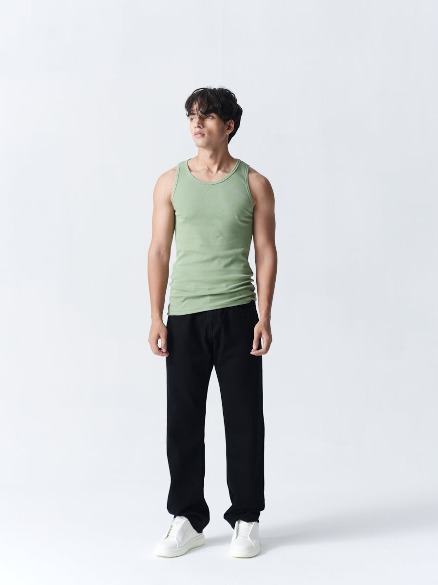 100% Cotton Ribbed Vest - Olive Green