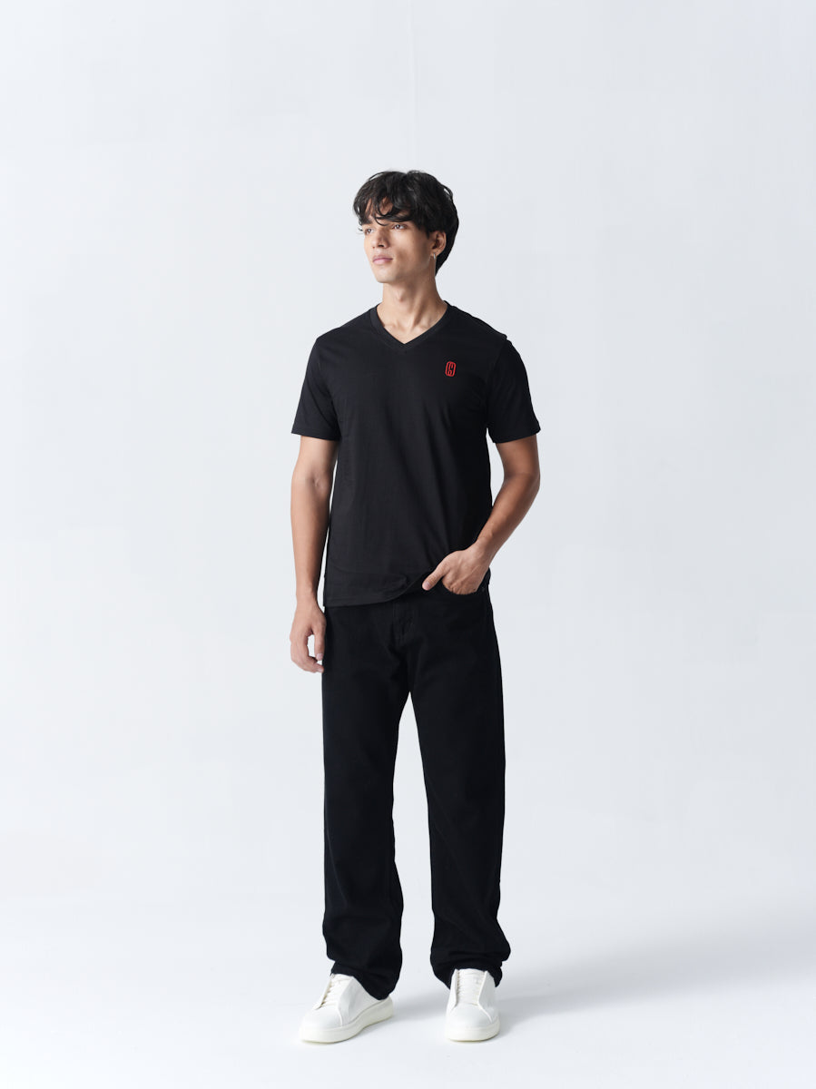 100% Cotton Single Jersey V-Neck T-Shirt - Jet Black