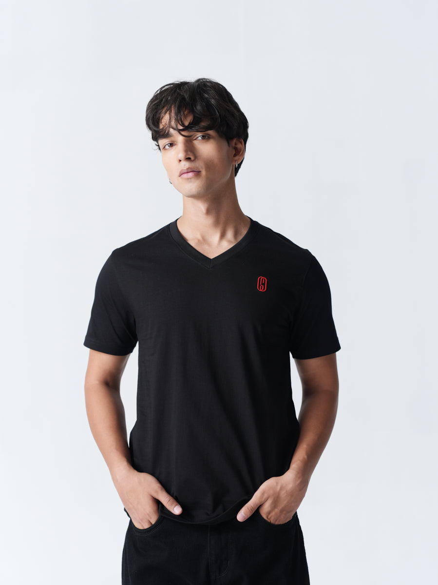 100% Cotton Single Jersey V-Neck T-Shirt - Jet Black