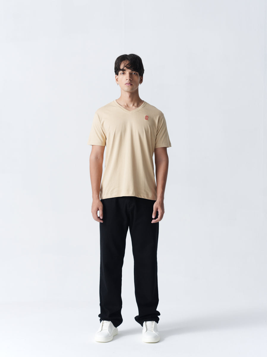 100% Cotton Single Jersey V-Neck T-Shirt - Beige