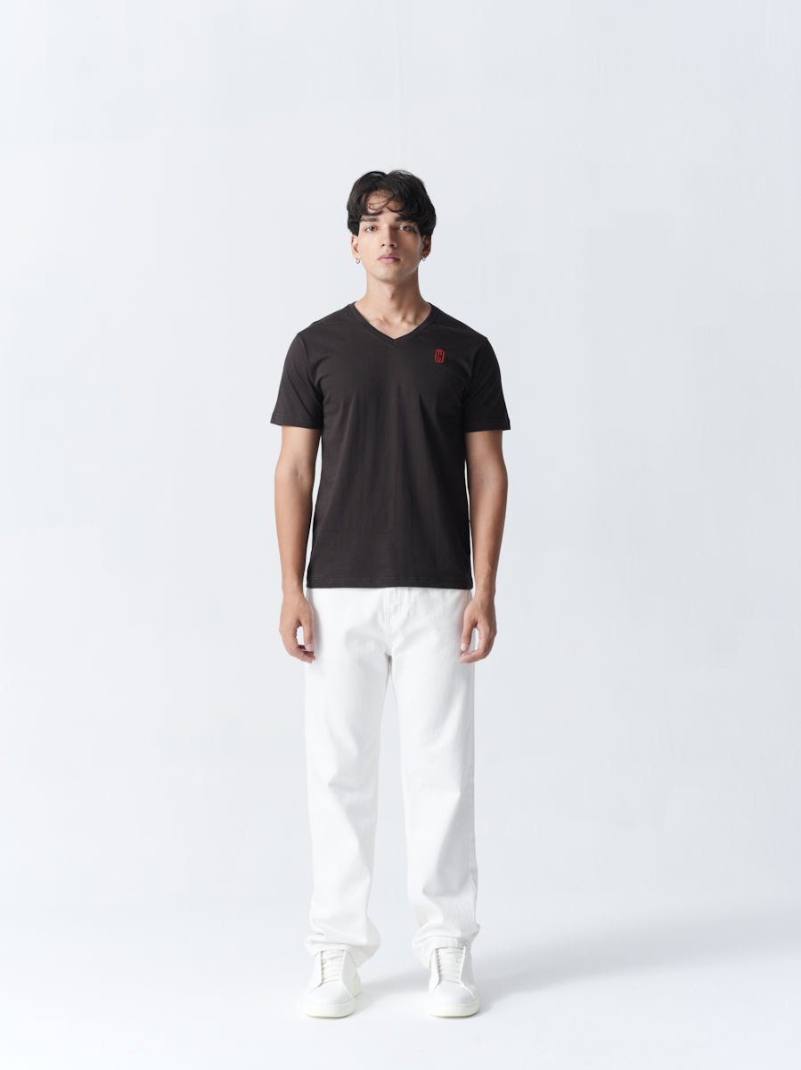 100% Cotton Single Jersey V-Neck T-Shirt - Copper Black