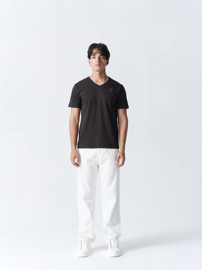 100% Cotton Single Jersey V-Neck T-Shirt - Copper Black