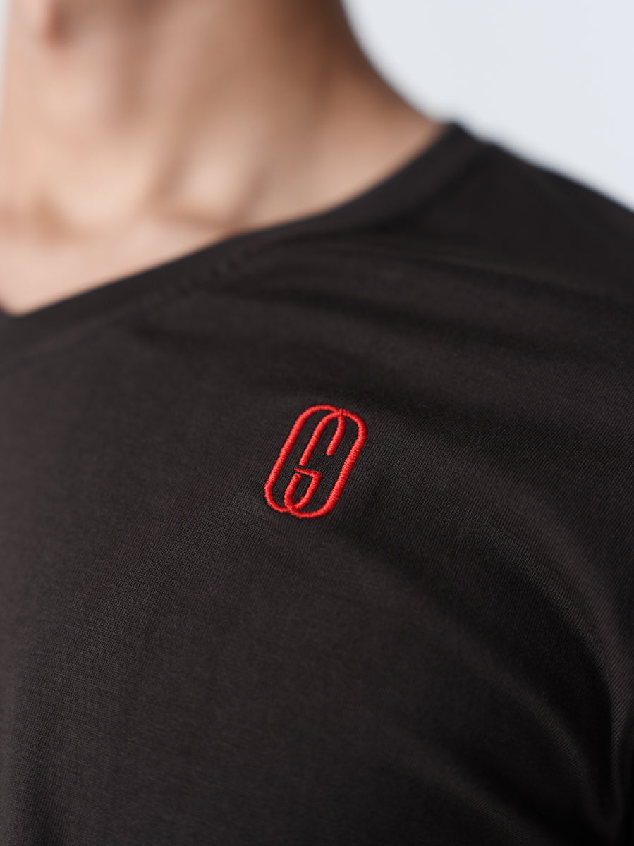 100% Cotton Single Jersey V-Neck T-Shirt - Copper Black